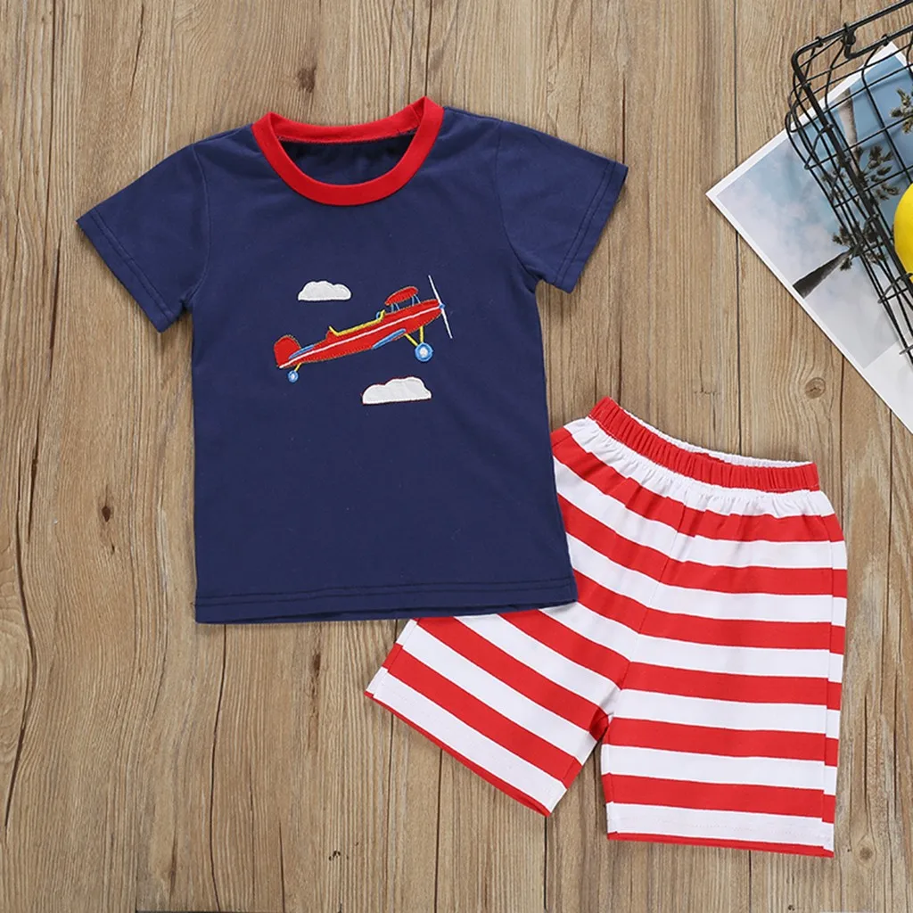 

Children Kids Boys Cartoon Aircraft Print Tops T-shirt+Stripe Shorts Pajamas Set Roupa De Menino Yenidogan Bebek Giyim