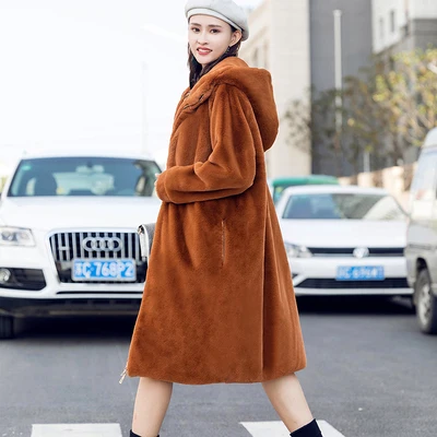 Женское меховое пальто, осень и зима, новинка, имитация меха, длинное пальто, свободное, с капюшоном, теплое меховое пальто, утолщенное, для женщин, H0193 - Цвет: caramel colour