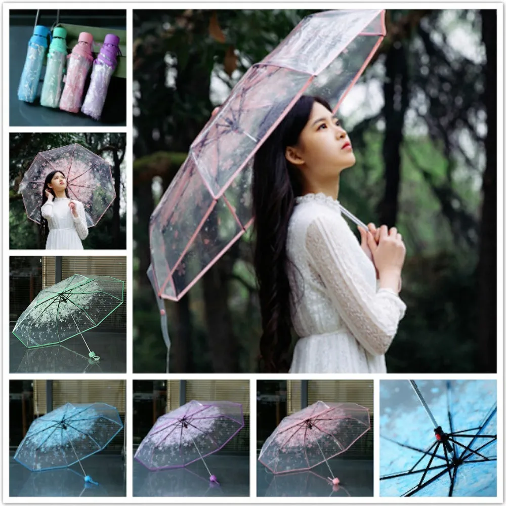 

Creative cherry blossom transparent triple fold umbrella folding lady cherry tree shade umbrella literary and fresh and lovely