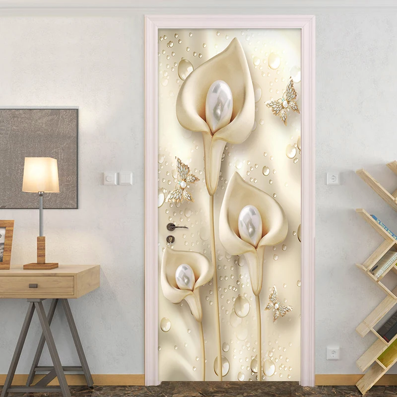 Европейский стиль 3D Стерео цветы Калла жемчужная дверь наклейка для гостиной спальни Роскошный домашний декор Настенная Наклейка s ПВХ обои 3 D