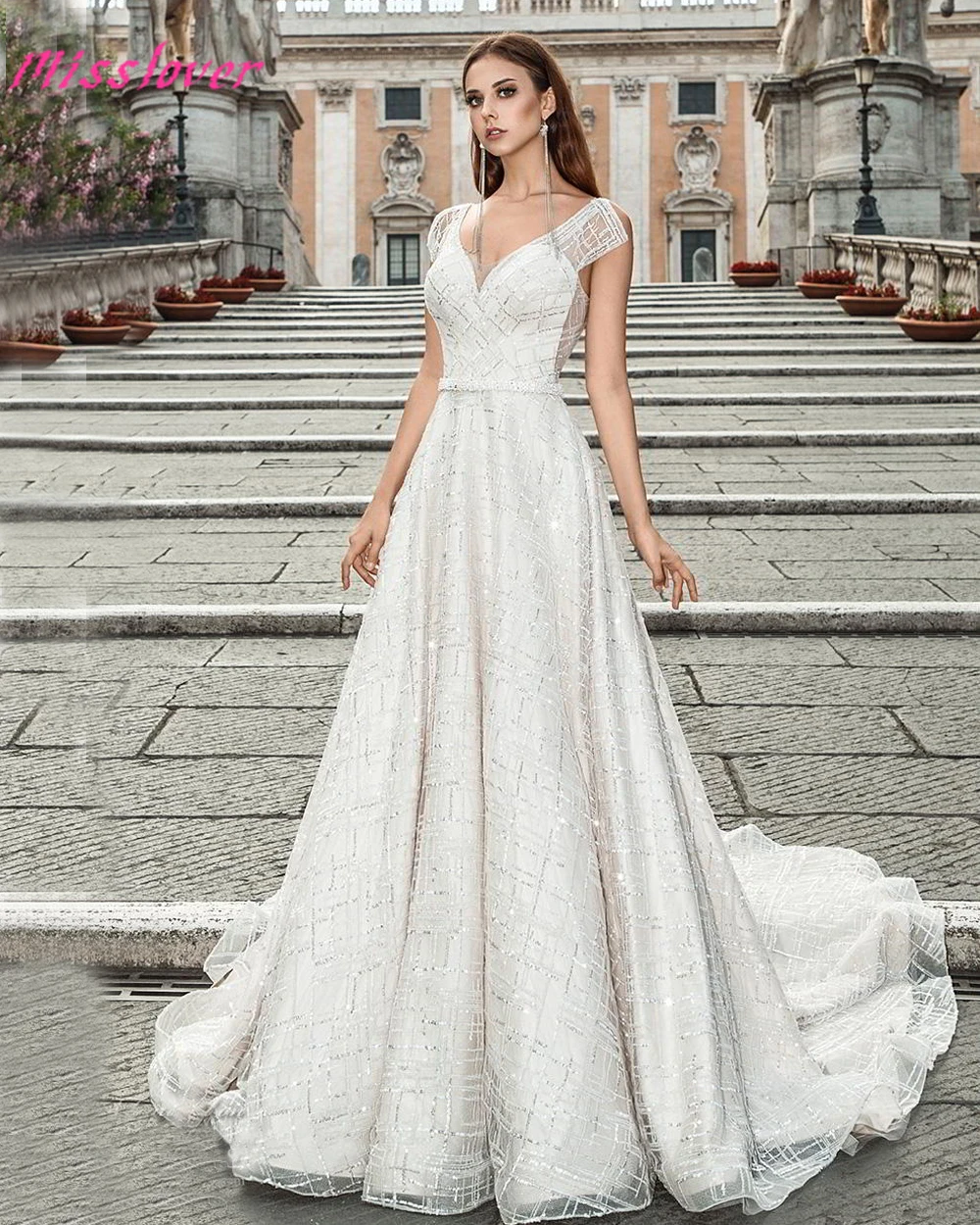 

Silky Organza Vestido De Noiva Luxury lace A-line Bride Wedding Dress 2019 new Bridal Gown Sexy V-neck backless Robe de mariee