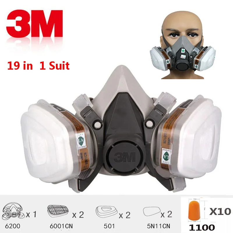 

3M 6200 Half Face 19 In 1 Suit Gas Mask Spraying Painting N95 PM2.5 Respirator Dust Mask With 1100 Anti-noise Earplugs