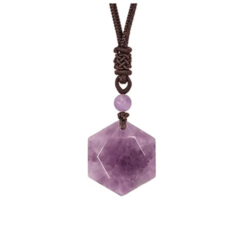 

FYJS Unique Anniversary Gift Handmade Rope Chain Hexagon Star of David Pendant Natural Amethysts Stone Necklace