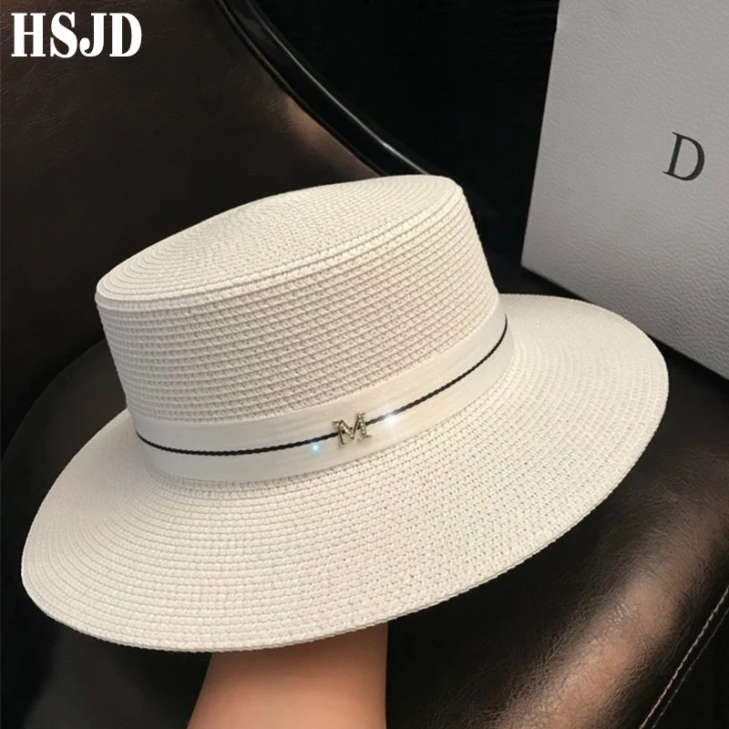 М, плоская соломенная шляпа с буквенным принтом, пляжная шляпа с лентами, женская летняя шляпа с широкими полями, фетровая шляпа, Панама, соломенная шляпа для путешествий