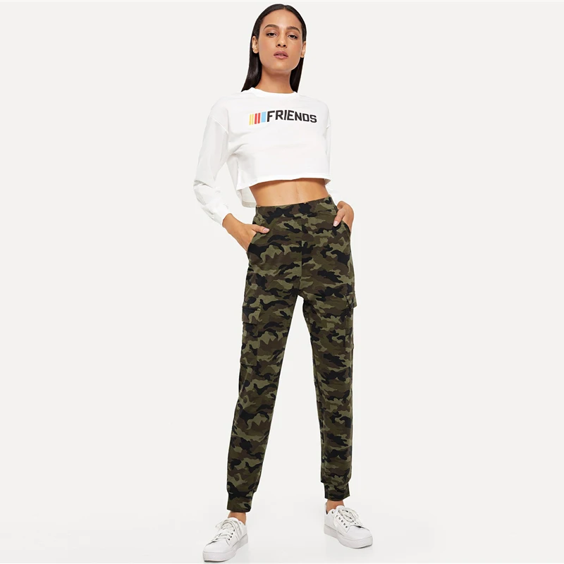 ROMWE шорты с завышенной талией и карманами Camo Print Брюки для девочек 2019 дизайнер демисезонный эластичный пояс укороченный для женщин камуфляж