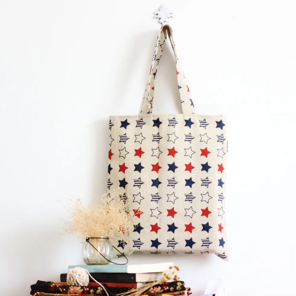 

YILE Cotton Canvas Shopping Tote Shoulder Carrying Bag Eco Reusable Bag Print Blue Red Star without Lining L035 NEW
