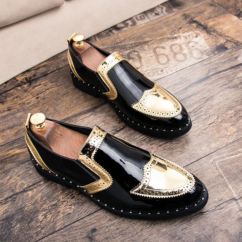 Кожаная повседневная обувь, большие размеры 38-48 мужские лоферы с круглым носком, без шнуровки, с пряжкой, кожаные свадебные Мужские модельные туфли, w5 - Цвет: gold