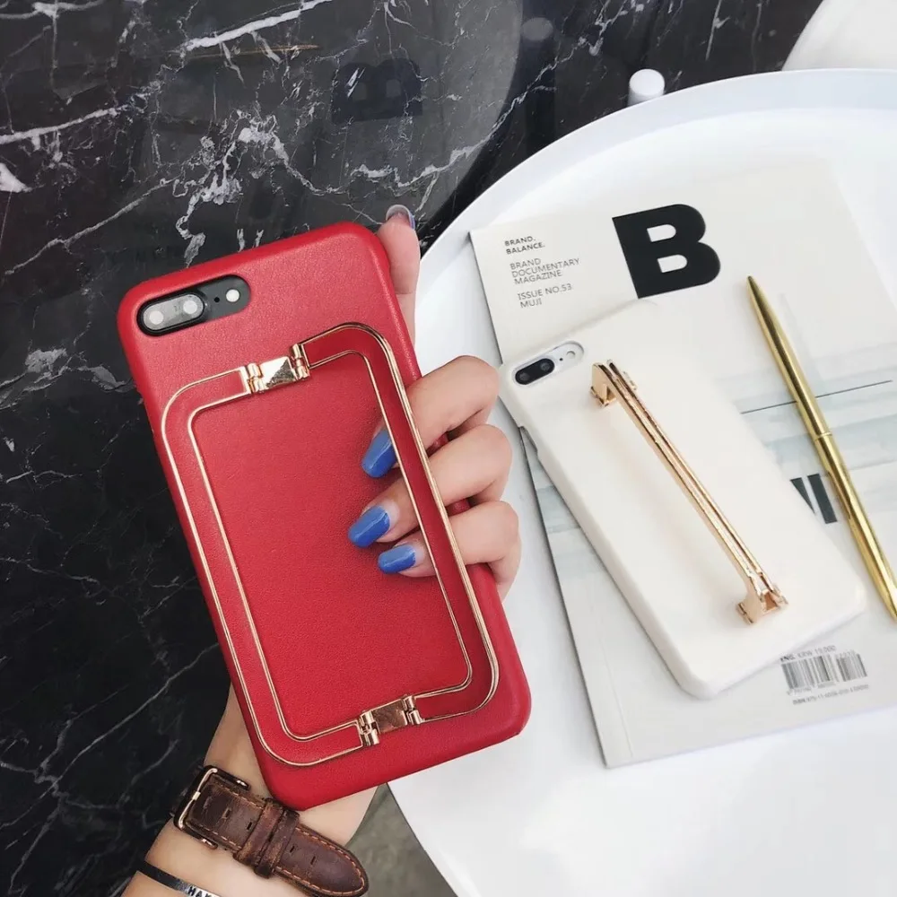 

New luxury fashion square metal wrist bracket high quality leather hard cover case for iphone 6 7 8 plus X XR XS MAX phone cases