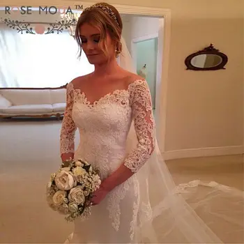 

Rose Moda Three Quarter Lace Sleeves Mermaid Wedding Dress 2019 Custom Make