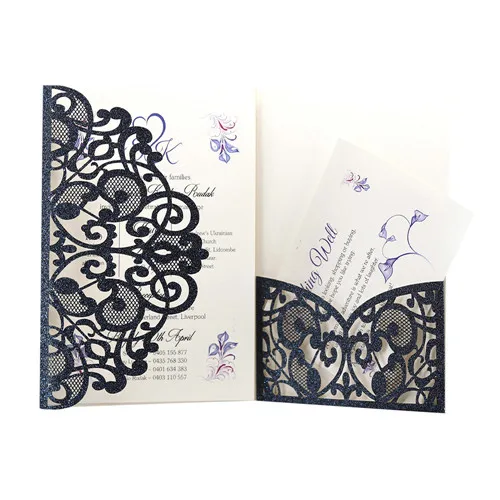 Glitter Dark Blue 10 шт 3 Цвета Лазерная резка приглашения комплекты открыток для Свадебные Обручение Shower украшения для дня рождения Высокое качество Вечерние Декор - Цвет: Glitter Dark Blue