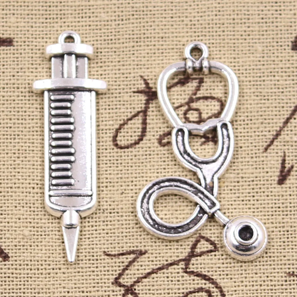

4pcs Charms big doctor syringe stethoscope Antique Silver Plated Pendants Making DIY Handmade Tibetan Silver Finding Jewelry