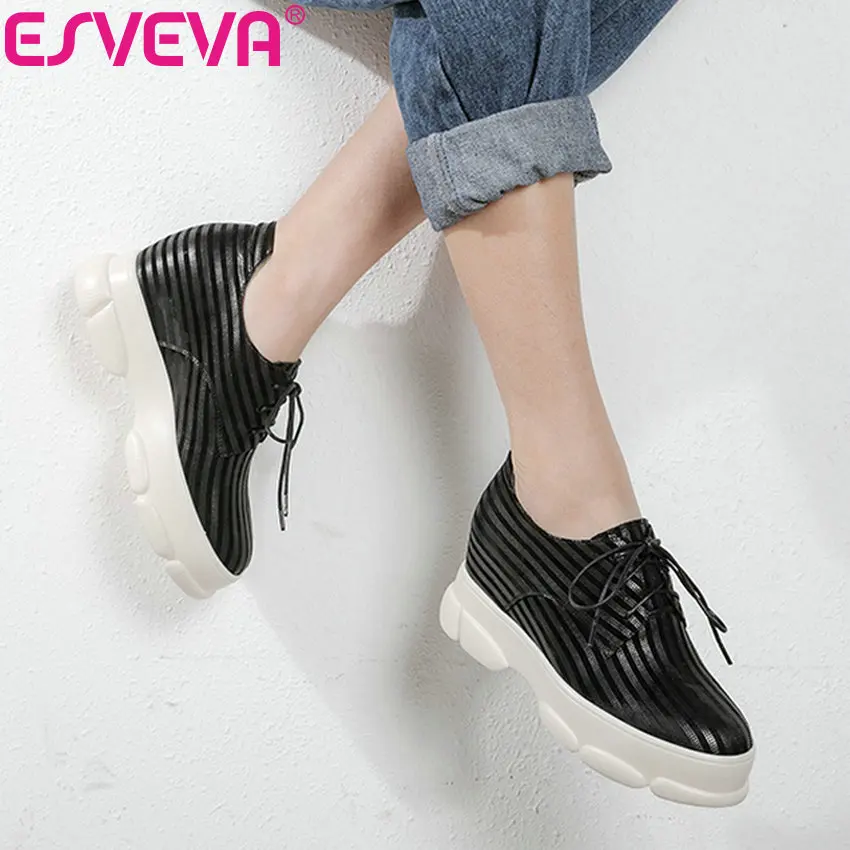 

ESVEVA 2019 Women's Vulcanize Height Increasing Shoes Lace Up Wedges High Heels Shoes Women Pumps Platform Round Toe Size 34-42