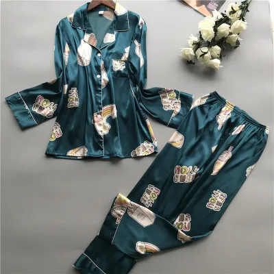 Daeyard весенние женские модные шелковые пижамные комплекты с цветочным принтом, блузка с длинными рукавами и штаны, мягкие пижамы, одежда для сна, милая домашняя одежда - Цвет: blue