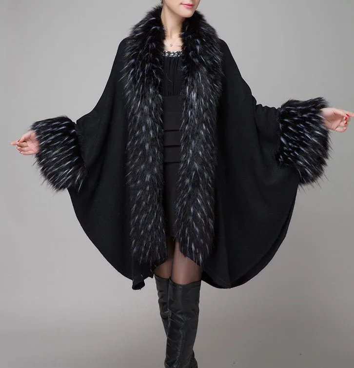 Women's Winter Cape Coat Black Shaggy Cuff and Front Warm Outerwearin