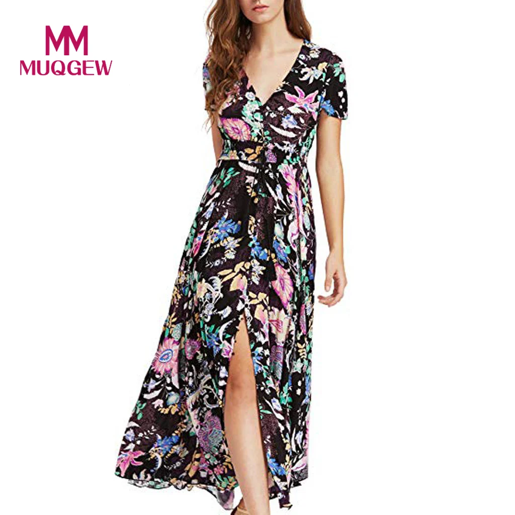 

MUQGEW Women Summer Dress Floral Print Button Up Split Flowy Party Floral Printing Chiffon Dress vestido de festa longo