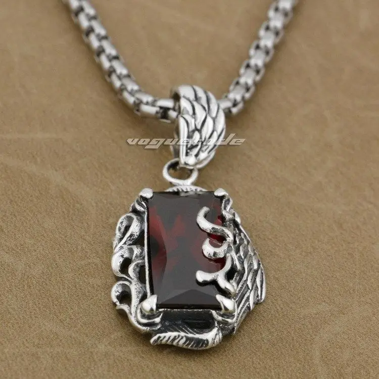 

925 Sterling Silver Flower Wing Red CZ Stone Mens Biker Rocker Pendant 9H027A(Necklace 24inch)
