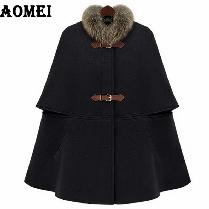 

Winter Fashion Wool Feminine Coat Loose Clock Removeble Fur Collar Wear to Work Office Lady Outwear Clothing Fall Overcoat Cape