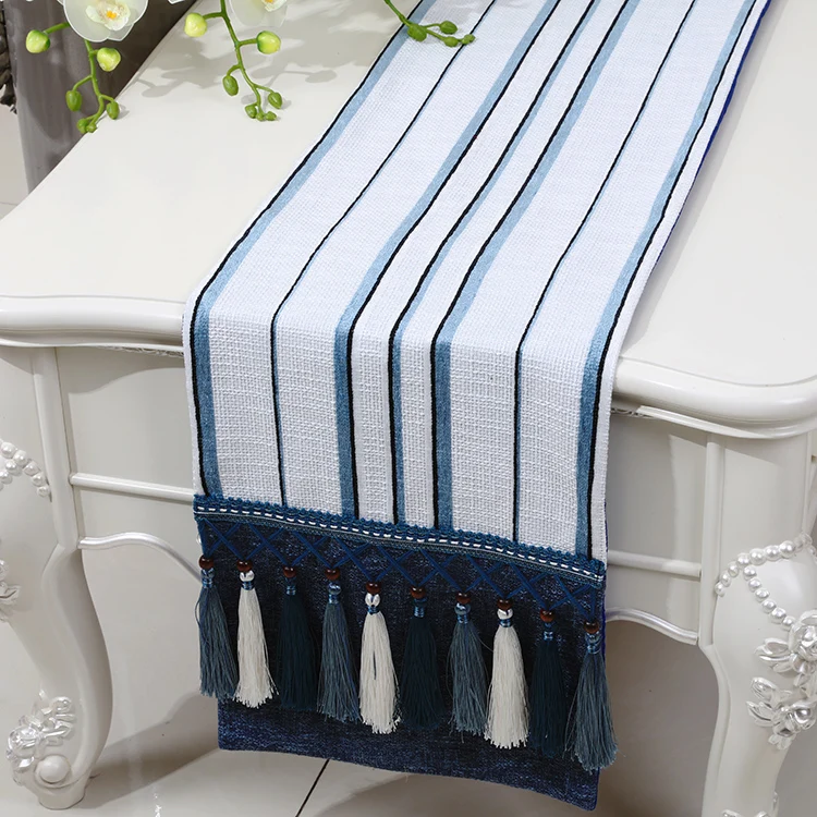 Multi Tassel Cotton Linen Stripe Cloth Table Runner Modern Rectangle