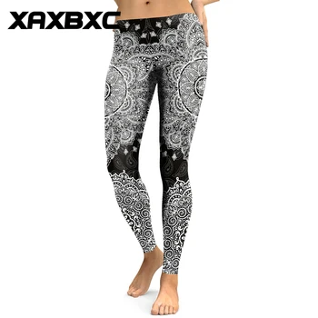 

XAXBXC 1732 Sexy Femme Pencil Pants Madanla Series Black Flower Printed Elastic Slim Fitness Workout Push Up Women Leggings
