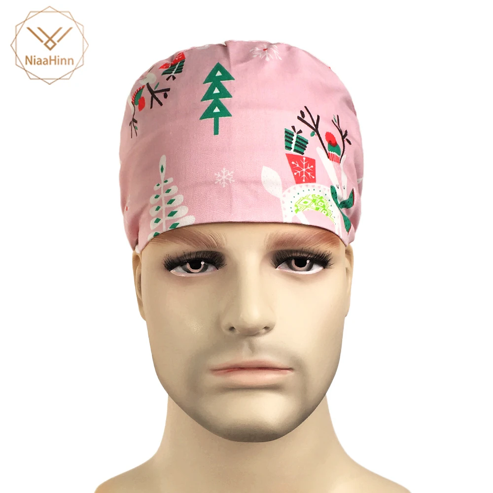 

Women Surgeon's Caps Doctor Medical Operating Room Work Hats Pink Christmas Tree Print Scrubs Cap 100% Cotton Dentist Clinic SPA