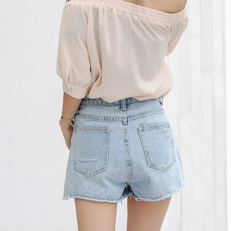 Брюки без карманов женские джинсовые шорты вымытая высокая талия свободные