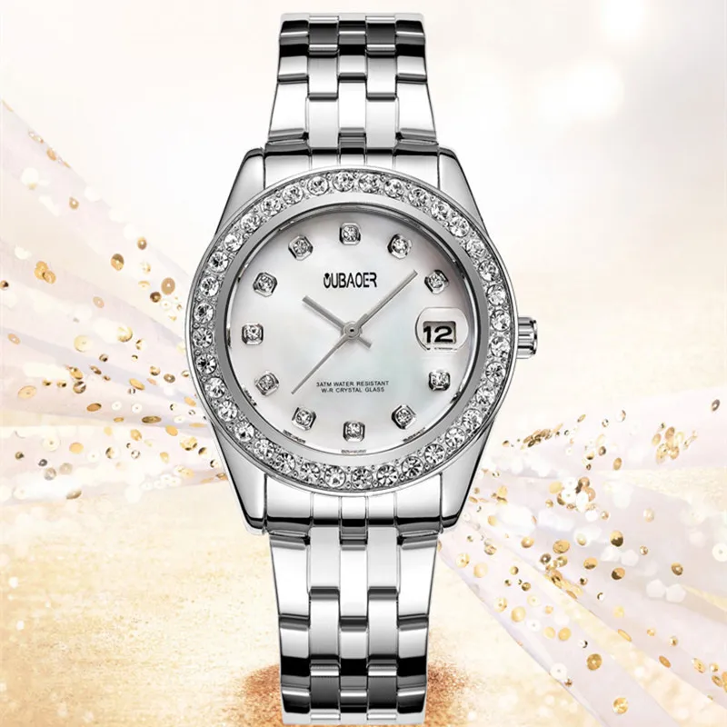 

Watch Women Brand OUBAOER Ladies waterproof Quartz-Watch Gifts For Girl Full Stainless Steel Rhinestone calendar wrist watches