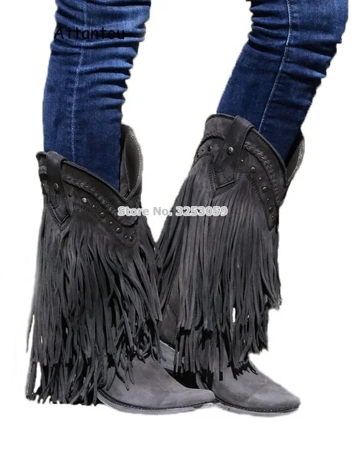 ALMUDENA/Женские ботинки в ковбойском стиле с бахромой; ботинки с бахромой на массивном каблуке; настоящая фотография; ботинки в байкерском стиле; обувь-Гладиатор