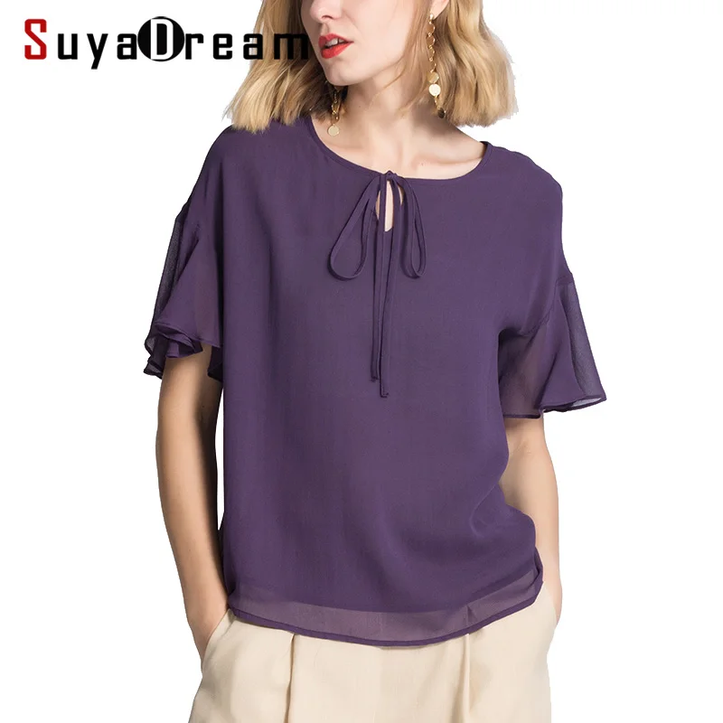  Women Summer Blouese 100% REAL SILK Georgette Purple Blouse Short Bat Sleeved Office Lady Shirt 201