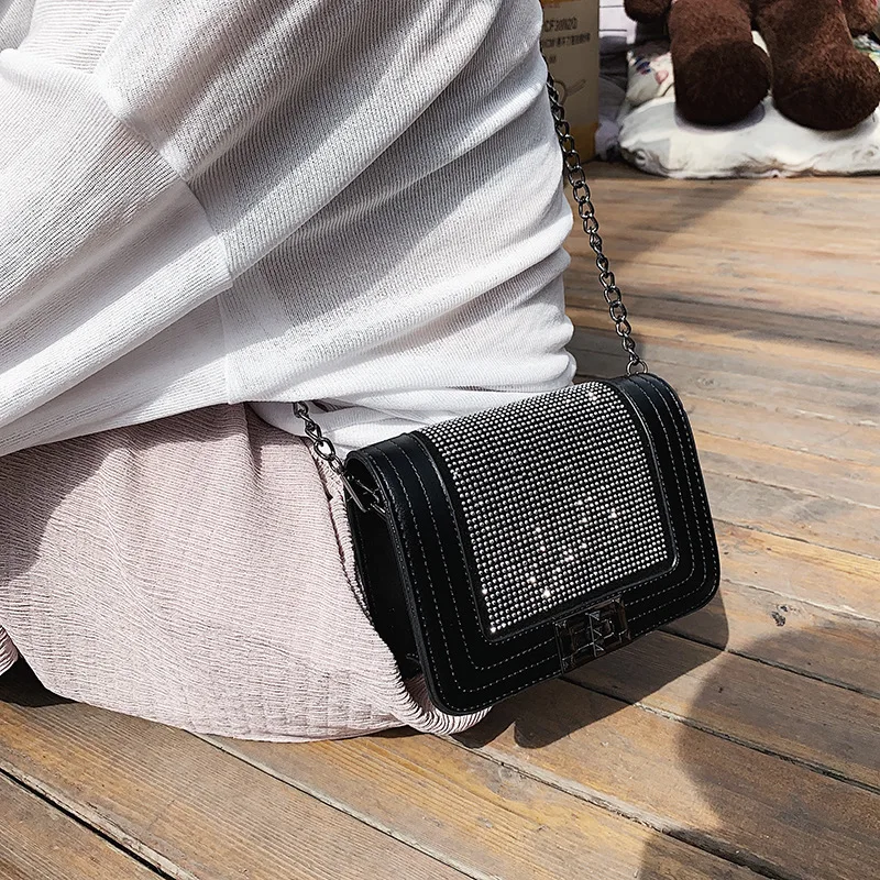 2019 جديد أزياء حزام الكتف الصغيرة صندوق مربع مشرق الماس حزمة النساء Crossbody حقيبة بو الجلود الكتف حقيبة ساعي