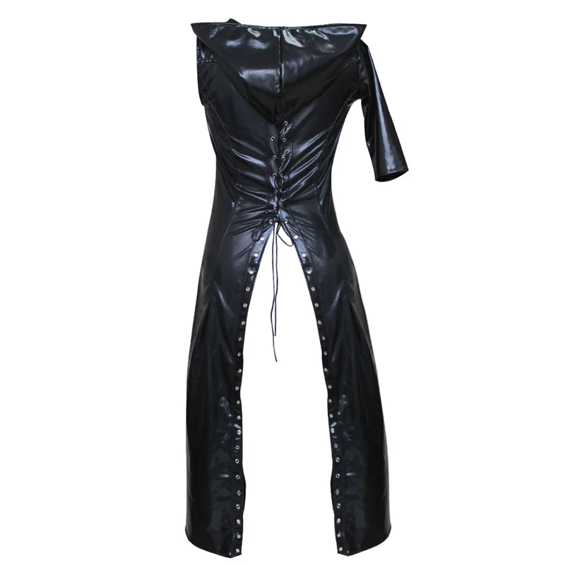 Женский сексуальный черный комбинезон из искусственной кожи с капюшоном на шнуровке в готическом стиле, Эротическое нижнее белье, длинное боди, Клубная одежда, комбинезоны