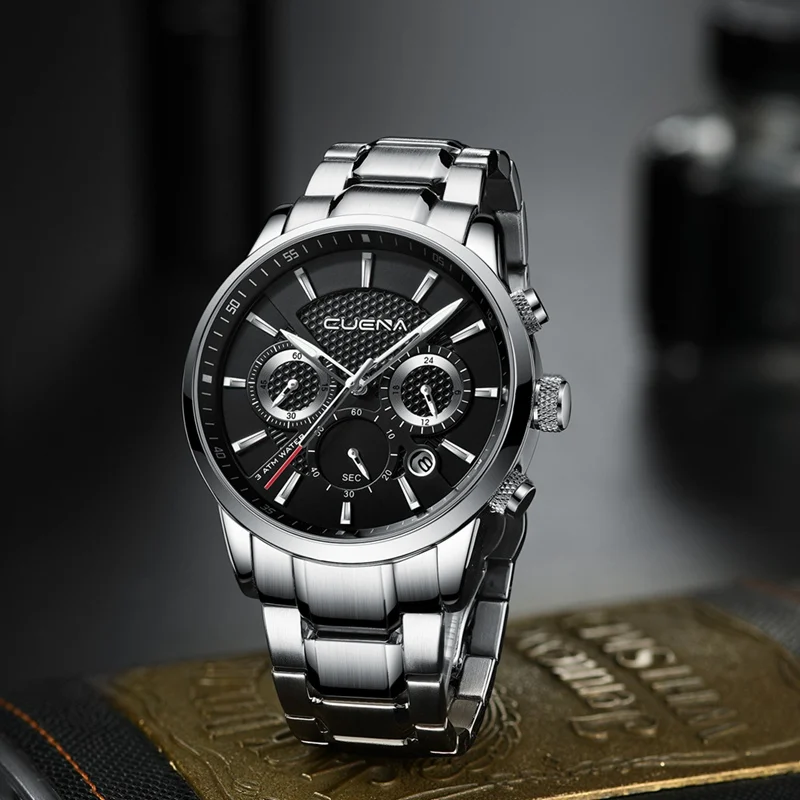 CUENA Men's Watches Chronograph Luminous Hands Auto Date Stainless Steel 30m Waterproof Quartz Watches Men Fashion Watch 2018 CUENA Men's Watches Chronograph Luminous Hands Auto Date Stainless Steel 30m Waterproof Quartz Watches Men Fashion Watch 2018