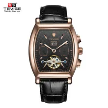 Tevise tourbillon relojes mecánicos automáticos de los hombres de marca de alta calidad auto de viento de negocios calendario relojes de pulsera de cuero genuino