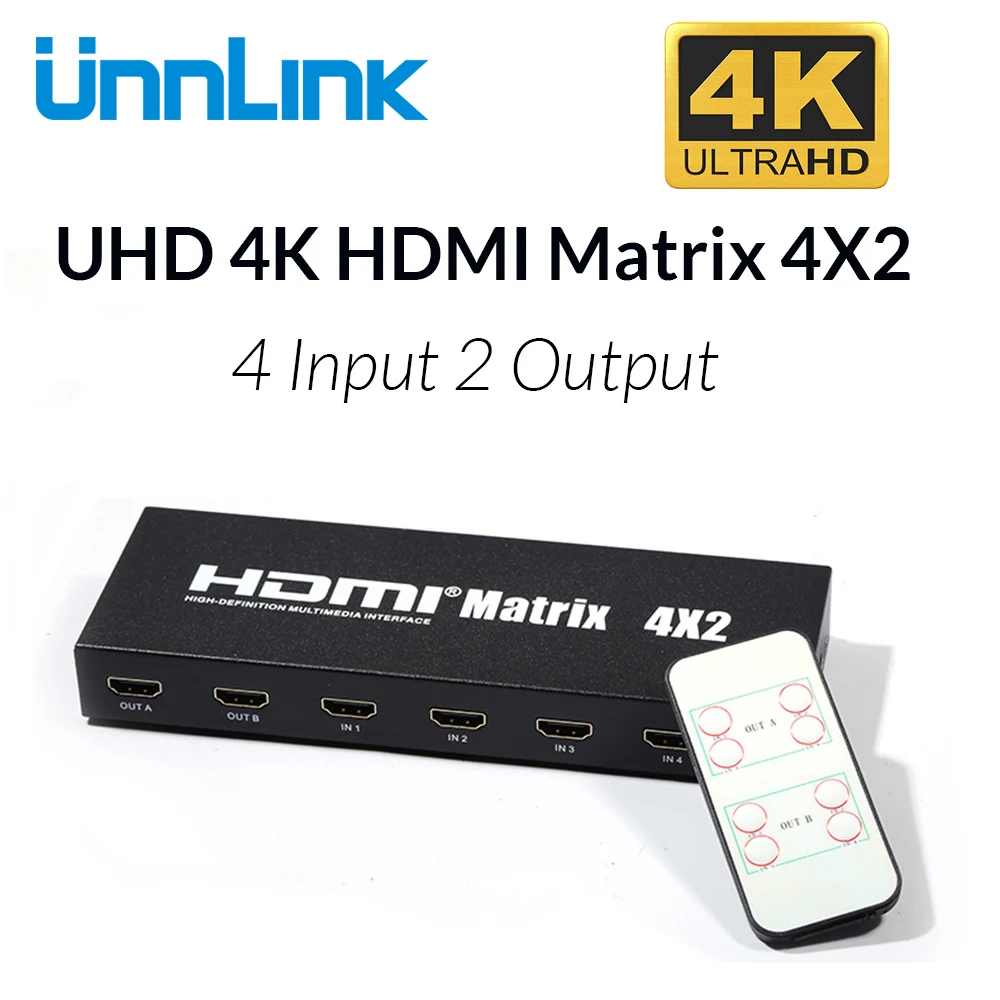 

Unnlink HDMI Matrix 4x2 Switch Splitter UHD 4K Audio Extractor HIFI 5.1 SPDIF Optical Toslink 3.5mm Jack for ps4 pc projector