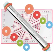 Скалка регулируемого размера 17 дюймов из нержавеющей стали тесто ролик с 4 съемными регулируемыми толстыми кольцами и коврик для мучных изделий KC1069