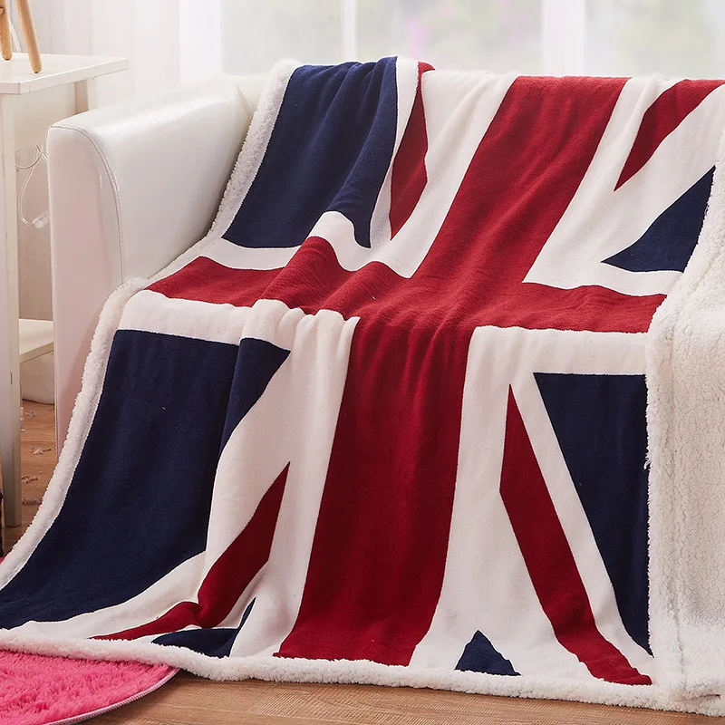 

British American Flag Cashmere-Like Winter Fur Throw Blanket Double Thicken Velvet Sherpa Blankets for Beds Plaid Sofa Cover
