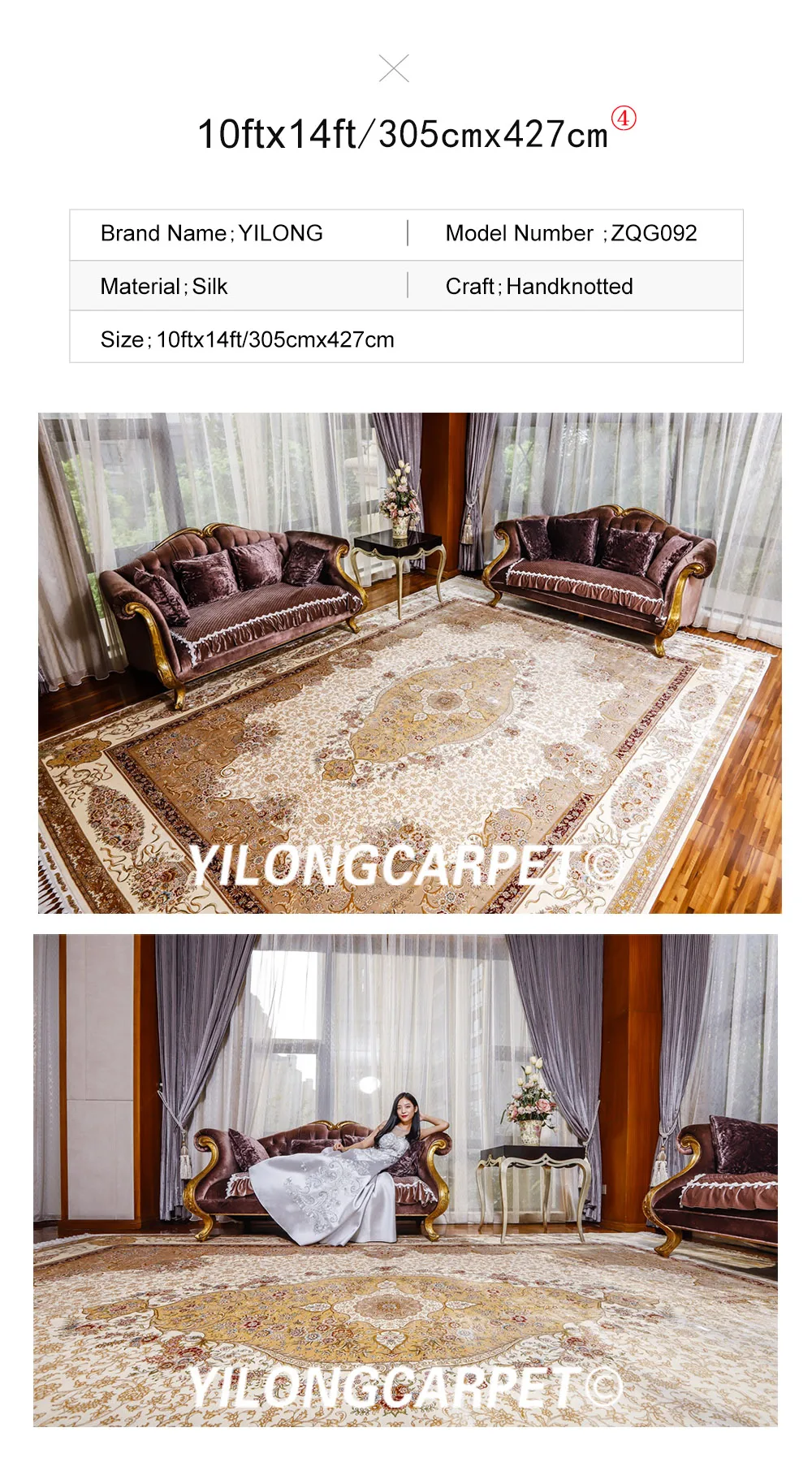 YILONG 10'x14' оверсайз Шелковый ручной ковер для гостиной Восточный ковер