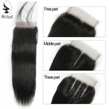 Human-Hair Closure Lace Straight Free-Middle-Three-Part Alibd with Swiss 4--4 8-20-Peruvian