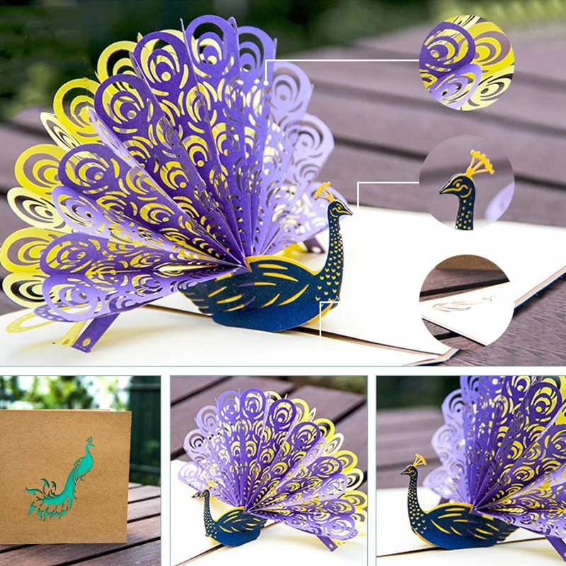 

3D Pop Up Laser Cut Peacock Cards wedding Thank You Cards Gift Greeting Postcards Paper Customize Invitations Happy Birthday