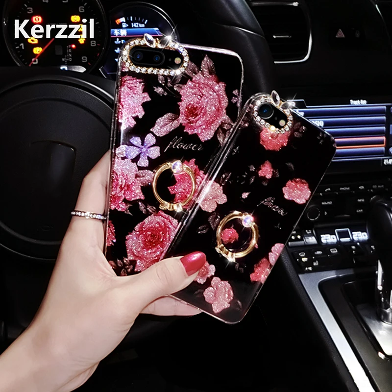 

Kerzzil Vintage Rose Flowers Diamond Giltter Cover Case for iPhone 6 7 6S Stand Cases for iPhone 7 8 8 Plus Hard Coque