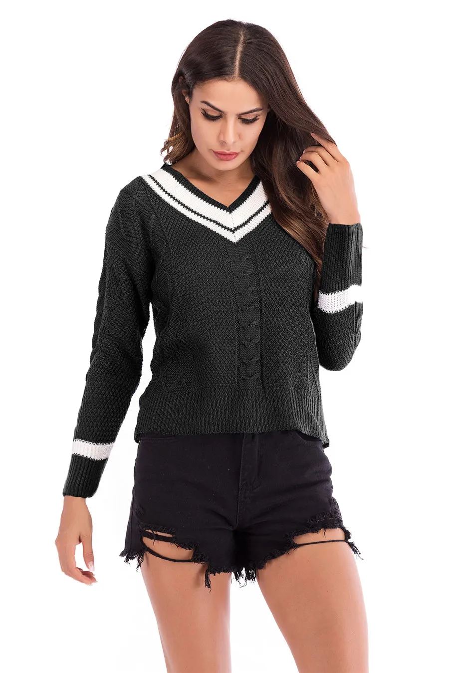 Gladiolus 2018 Striped Pullover Sweater Women V-Neck Long Sleeve Loose Autumn Winter Women Knitted Sweater Casual Jumper Tops (12)