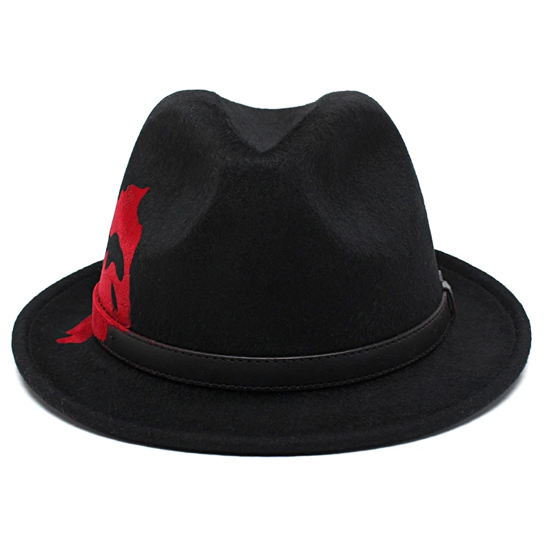 Unisex Fashion Black Wool Fedora Hats For Women Men Small Brim Print