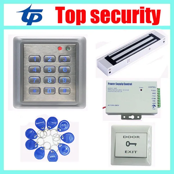 Access control kit contain waterproof card and pin access controller +power supply+magnetic lock+PC exit button+10pcs RFID key access control systems proximity card waterproof standalone access control power supply magnetic lock exit button 10pcs rfid key