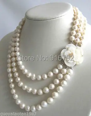 

HYFY20143232>>>>3Row 7-8mm White Freshwater Pearl Necklace Shell Clasp Natural