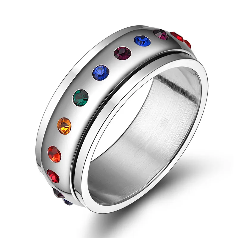 Модный популярный крутой дизайн вращающееся кольцо-Спиннер для женщин с радужным кристаллом разноцветные стразы в подарок