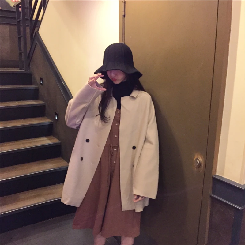 Женское осенне-зимнее двубортное свободное шерстяное пальто, женская куртка размера плюс с длинным рукавом и карманом, манто Femme Hiver