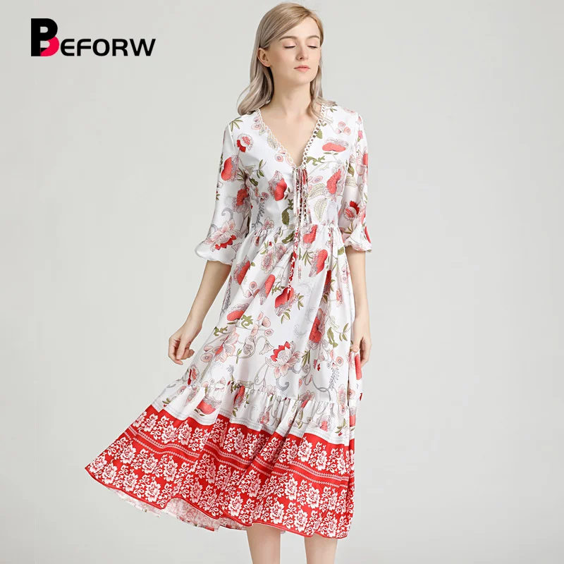 

BEFORW 2019 New Boho Chic Dress Summer Women V Neck Lace Floral Print Beach Long Dresses Ladies Causal Vestidos Dress Robe Femme