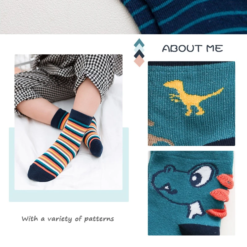 5 pairs of Dinosaur designs boys socks