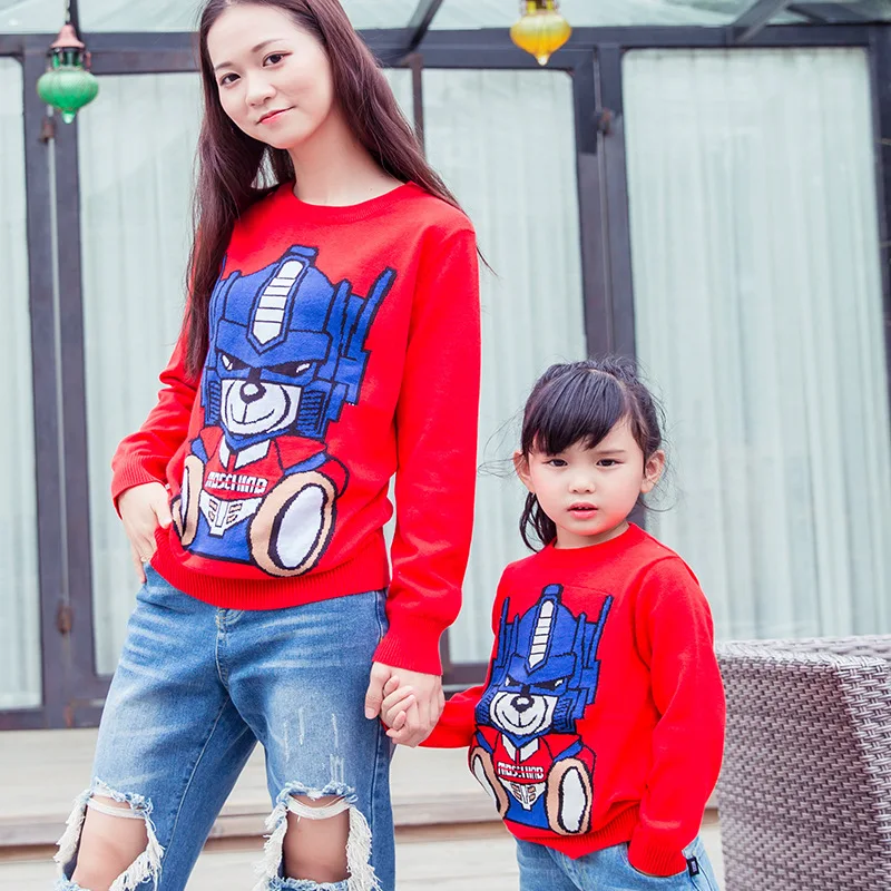 Winter Diamond Bear Pattern Cotton Sweaters Mom and Daughter Matching Clothes