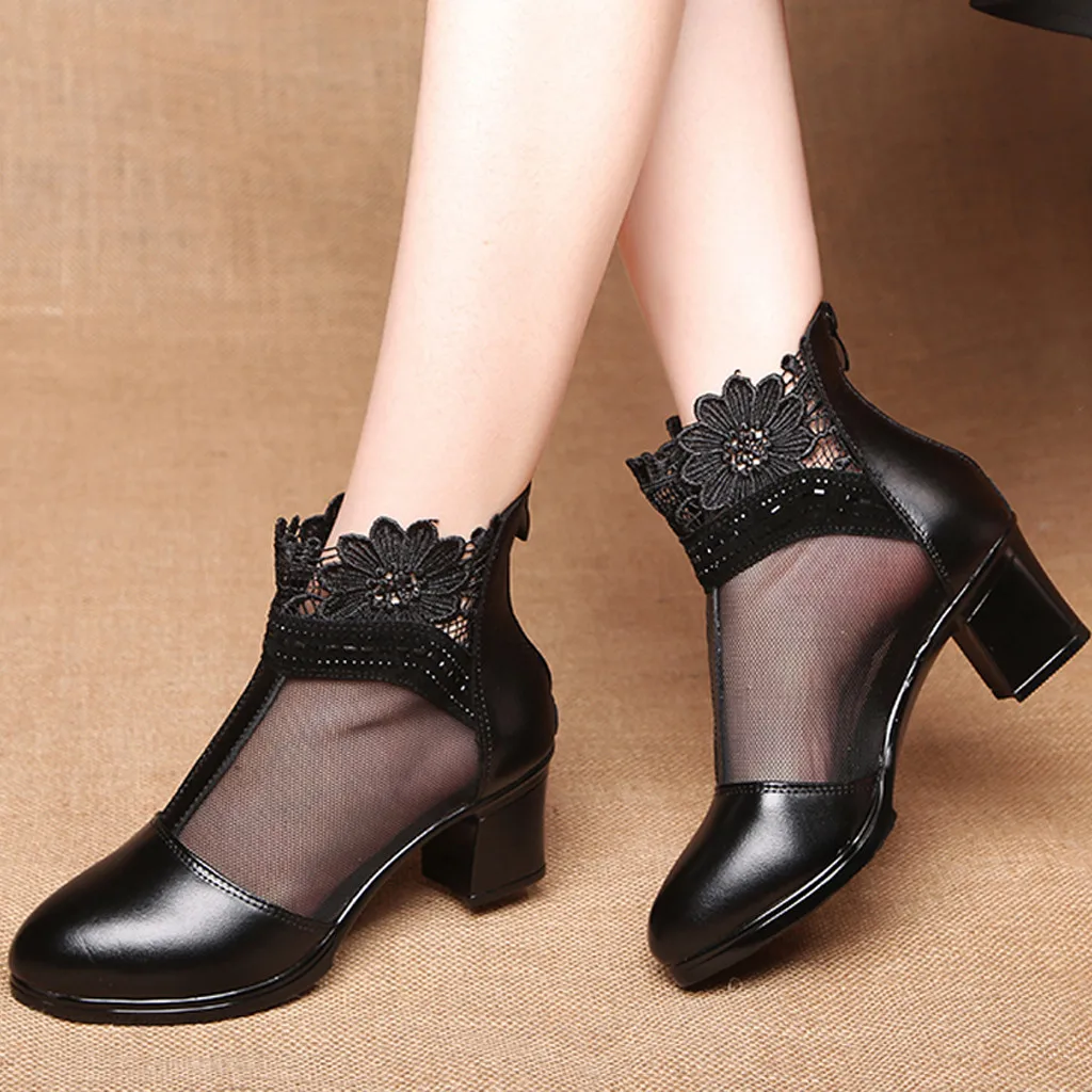 

Momen's High Heel Perspective Shoes Ankle Boots Fashion Openwork Mesh Gauze Soft Bottom Zipper Lace Roman Sandal Dropshipping