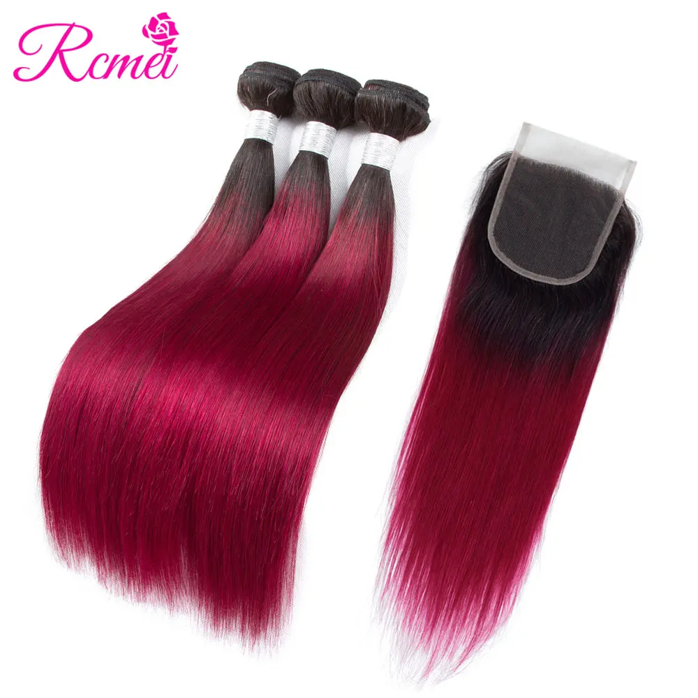 Rcmei Dyed Bundles With Closure Peruvian Straight Hair T1B Burgundy Colored Weaving Two Tone Dark Roots Ombre Red Bundle NonRemy Rcmei Dyed Bundles With Closure Peruvian Straight Hair T1B Burgundy Colored Weaving Two Tone Dark Roots Ombre Red Bundle NonRemy